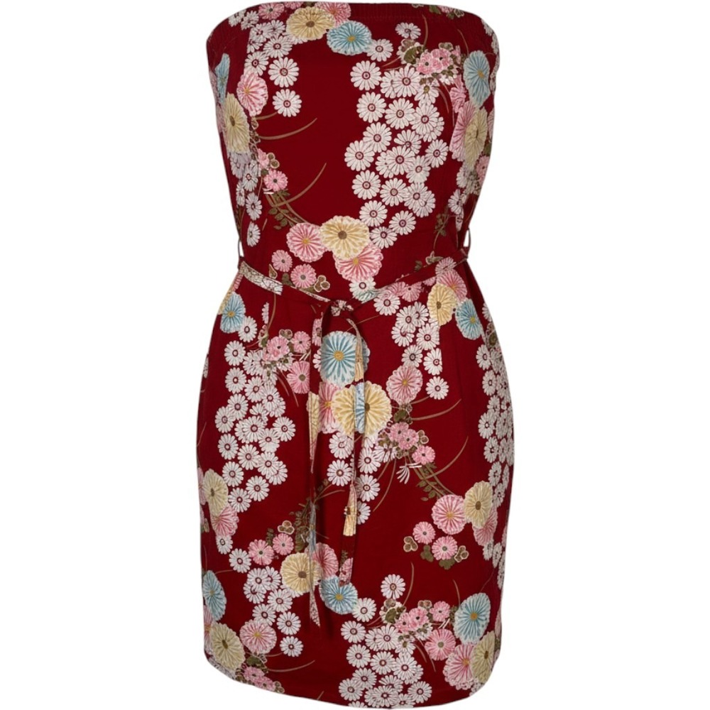 Vintage Y2K Red Floral Strapless Mini Dress Asian inspired Summer Boho Medium